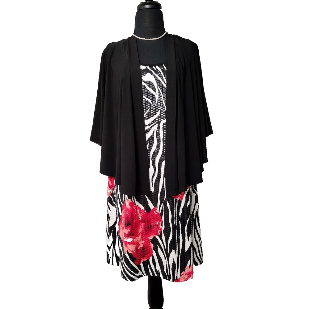 aDRESSing Woman SIZE L Shimmer Zebra Rose Short Dress Black Shrug Kimono Sleeve